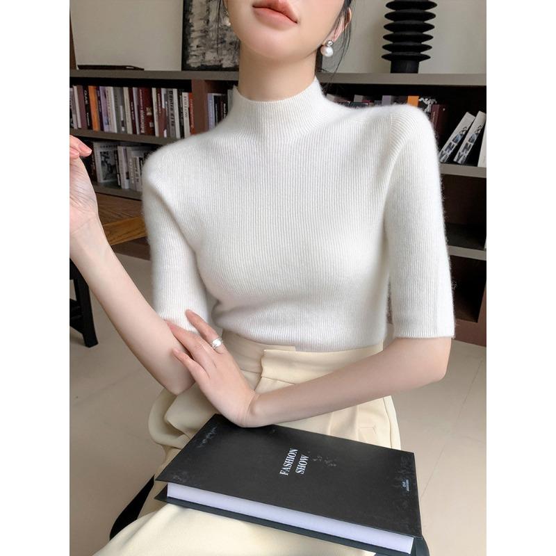 Five-quarter-sleeved Bottoming Shirt Women's Semi-turtleneck Inner Fit Slim-fitting Spring and Autumn with Coat New Knitted Sweater Top Half-sleeved