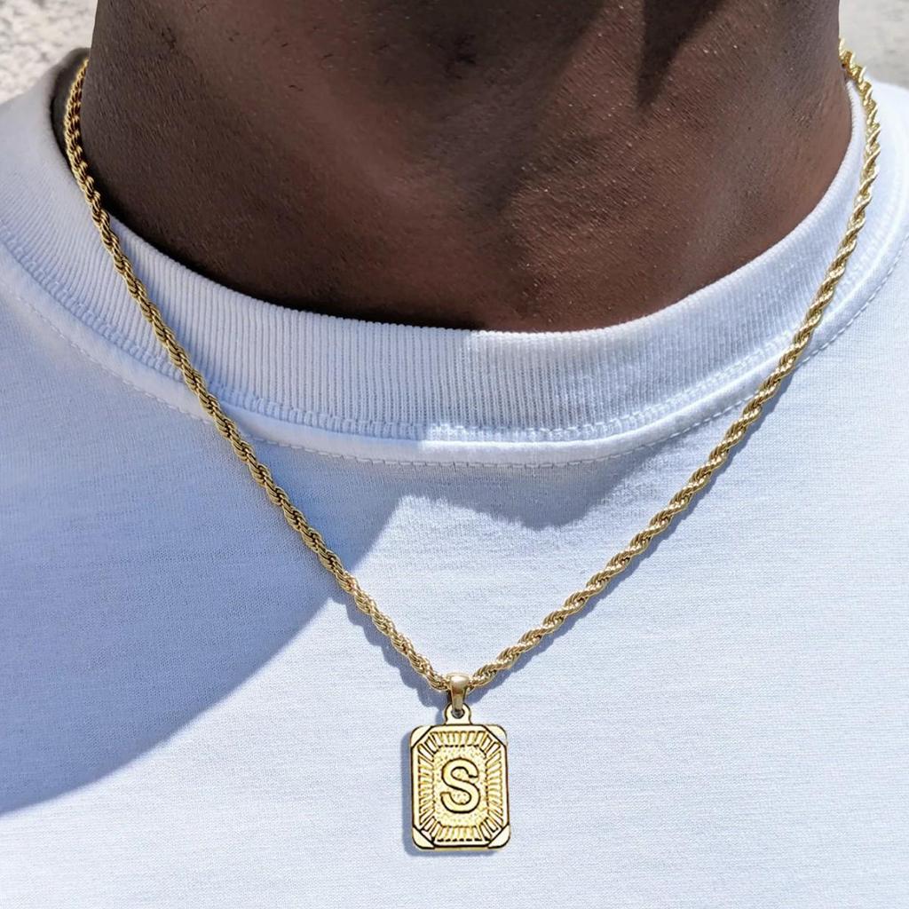 18K Gold Stainless Steel 26 Letter Pendant Necklace with Twisted Chain - Hip Hop Style