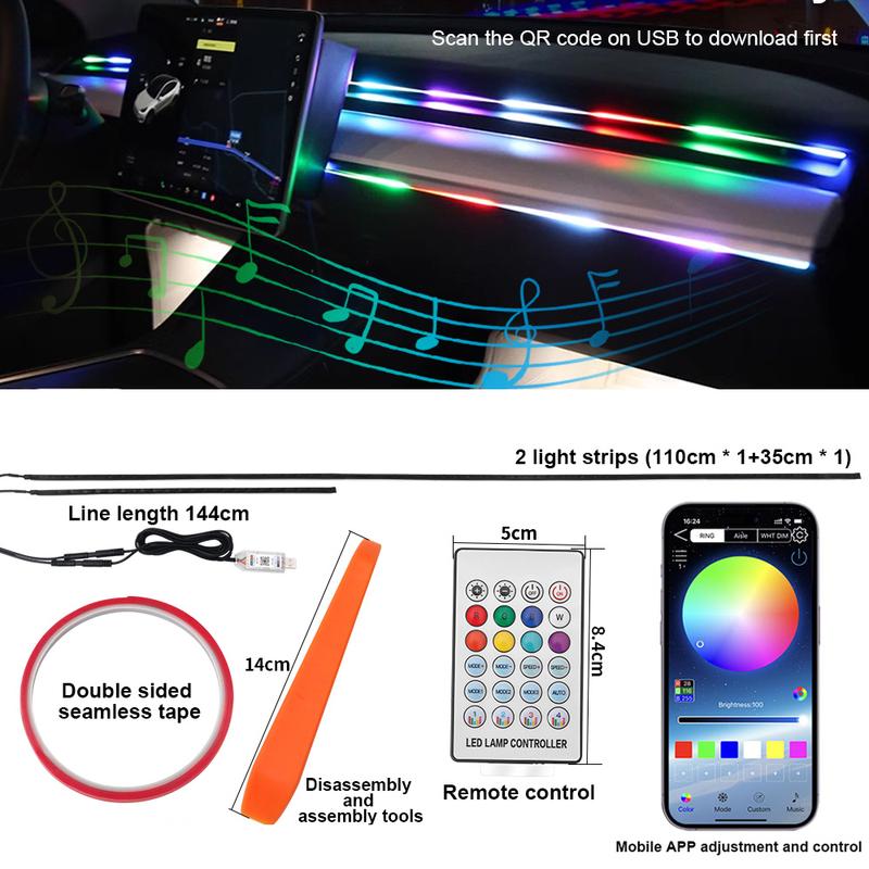 Car Ambient Lights Universal LED Symphony RGB Atmosphere Lamp 64 Colors Acrylic Strip APP Control Remote for Tesla Model 3 Y S X