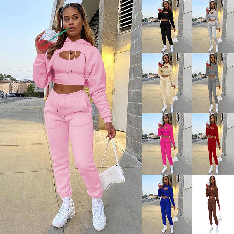 2022 European Women's Plus Velvet Hooded Sweatshirt & Long Pants Vest Set