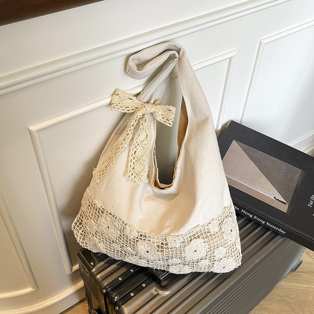 Large Capacity Shoulder Bag High-Quality Lace Splicing Handbag Canvas Tote Bag Fresh Cotton Tote Bag For Short Trip Shopping