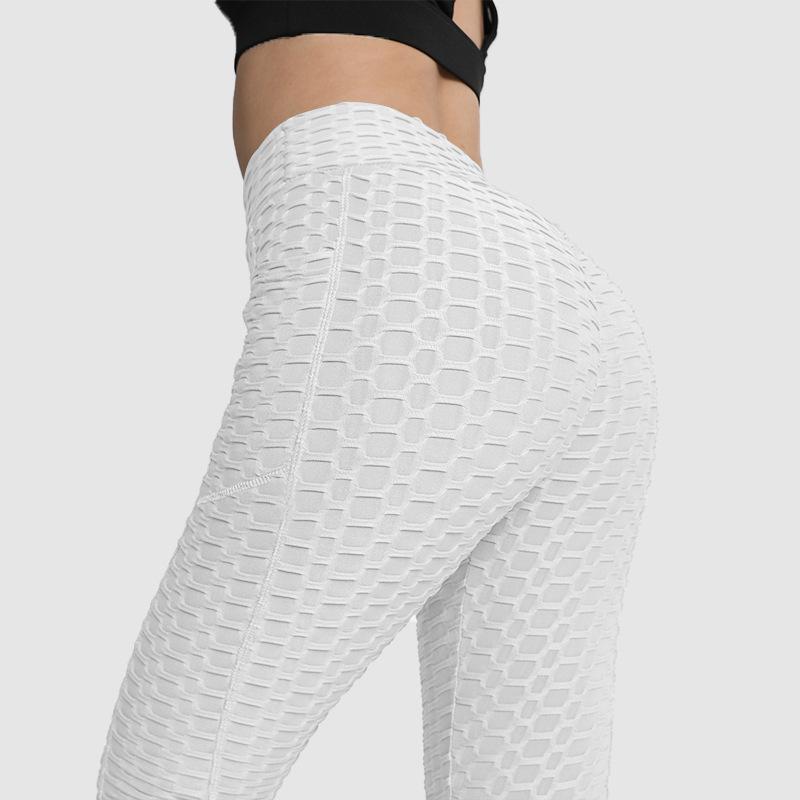 Leggings, Peach-Coloured Workout Trousers, High-Waisted Butt-Lifting Leggings, Pocketed Jacquard Bubble Yoga Trousers