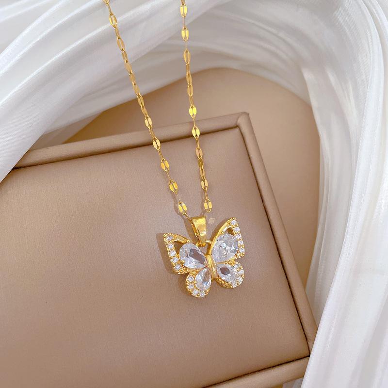 Exquisite Zircon Butterfly Earrings Necklace Jewelry Set Women's Stainless Steel Butterfly Flower Clavicle Necklace Jewelry