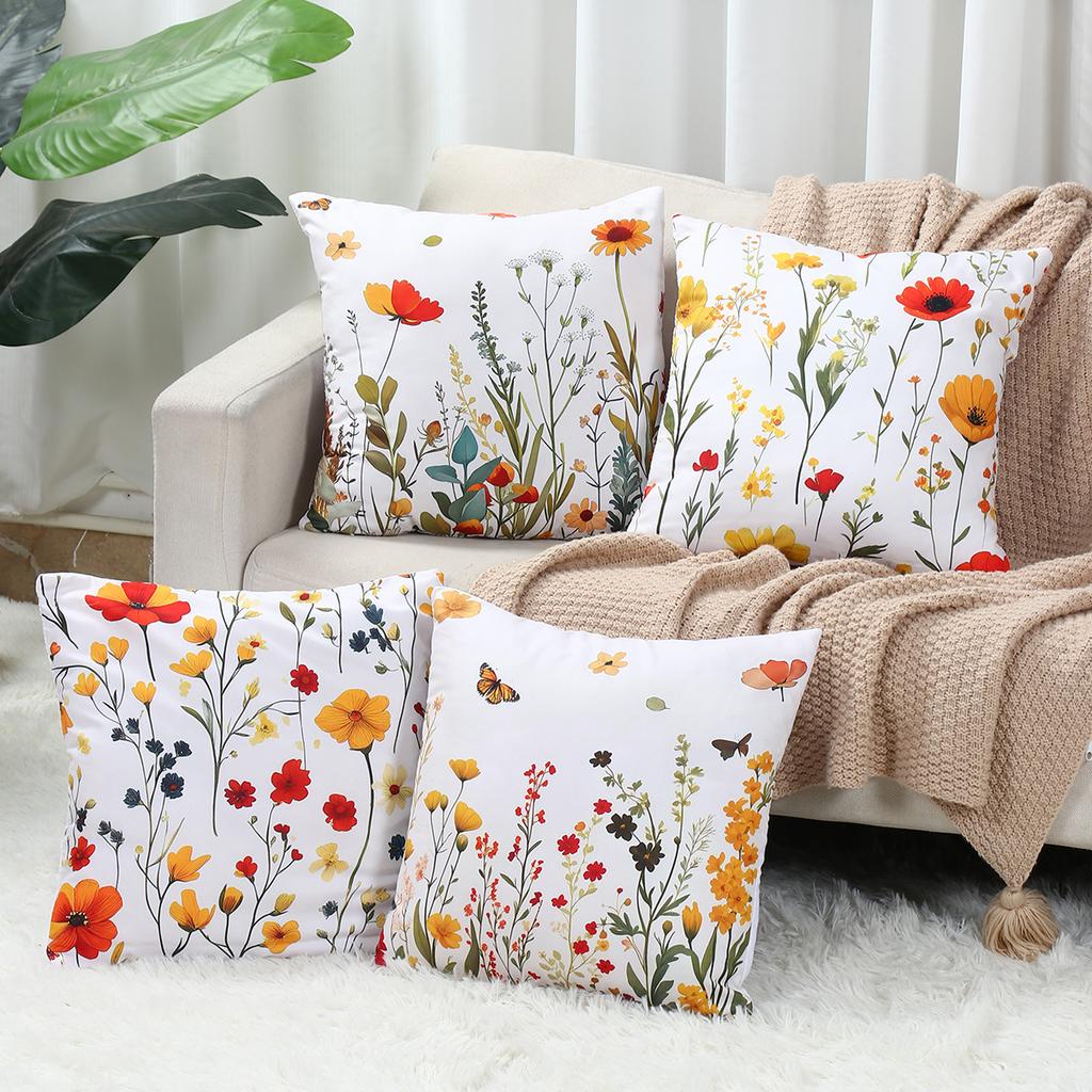 4Pcs Wildflower Theme Peach Skin Pillowcase 45*45Cm Butterfly Pattern Peach Skin Pillow Cover For Home Living Room Bedroom Decor