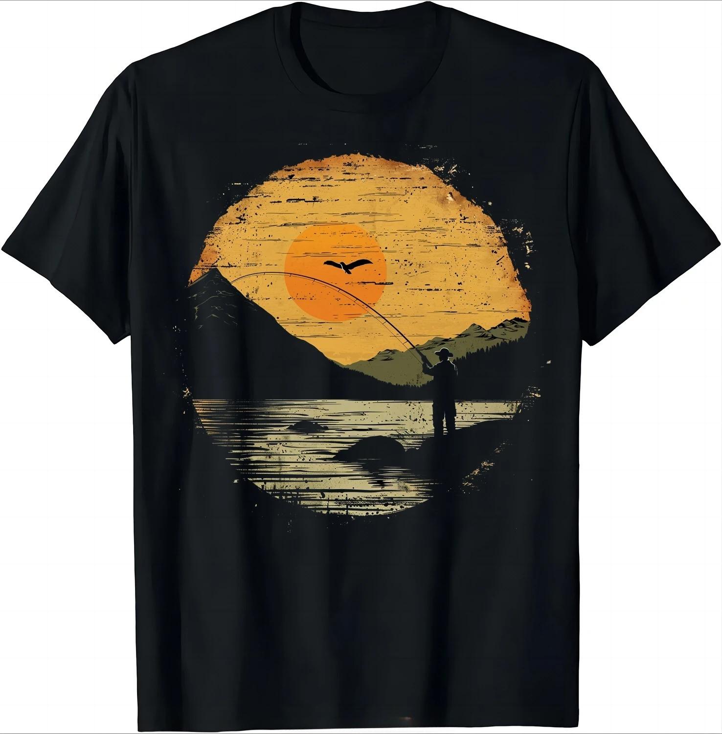 

Outdoor Style Fishing Print T-shirt, Fashionable Retro Crew Neck T-shirt, Casual T-shirt, Fitness T-shirt Women Clothing Fash... S разноцветный