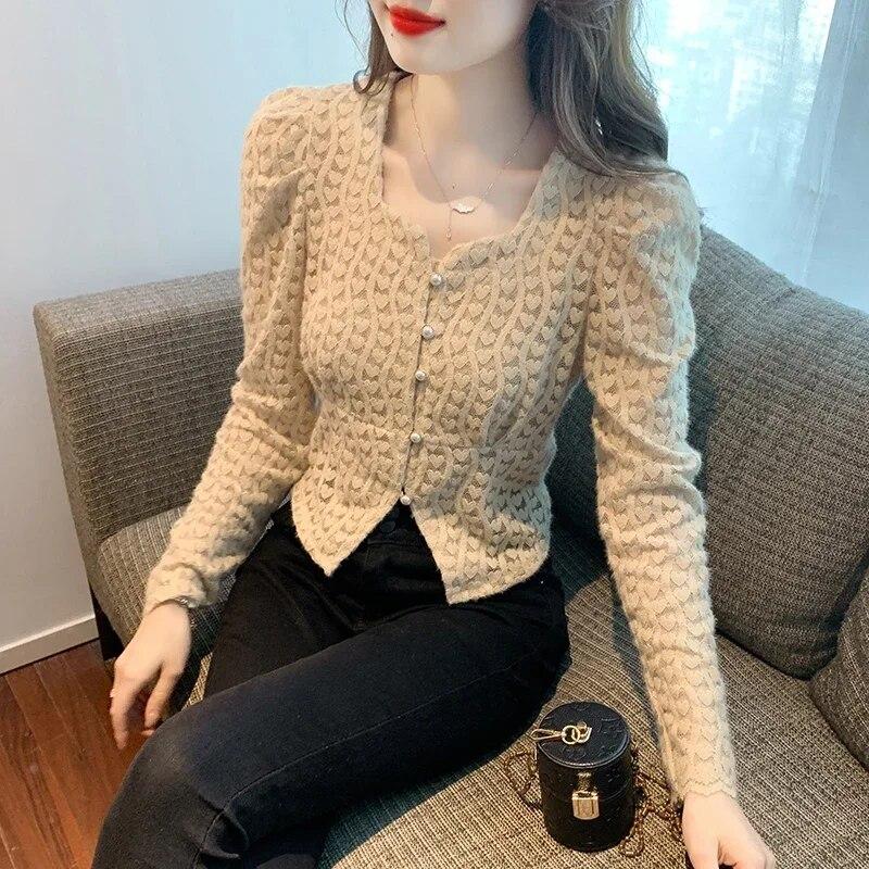 Fashion Long Sleeve Lace Blouse Women Autumn Striped Bottoming Tops Woman Button Up Lace Shirt Women Elegant Clothes 30025