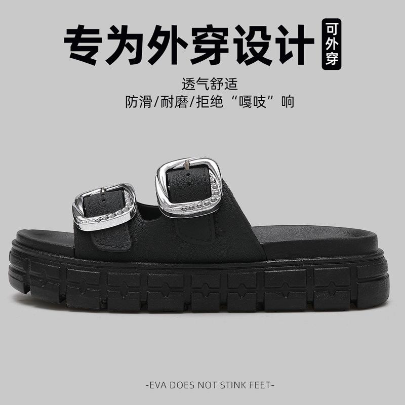 Fashion Hot - Selling Buckled Chunky Sandals | Black Double - Strap Slides with Metal Accents, Ideal for Summer Outfits