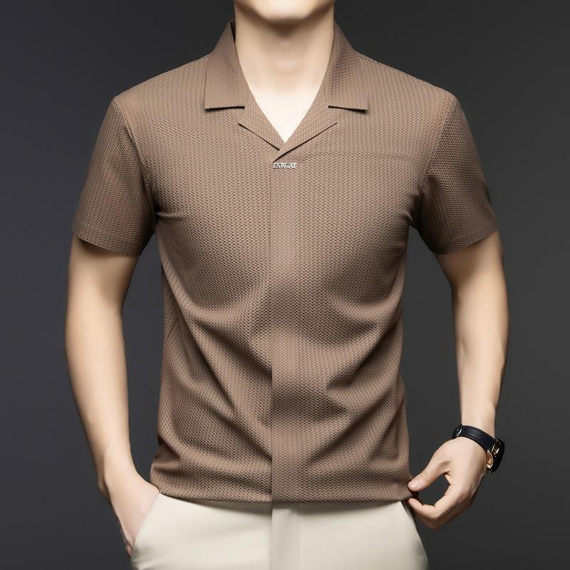 Short Sleeve Men'S Ice Silk Thin V-Neck Casual T-Shirt Medium Blue Polo Bottom Shirt