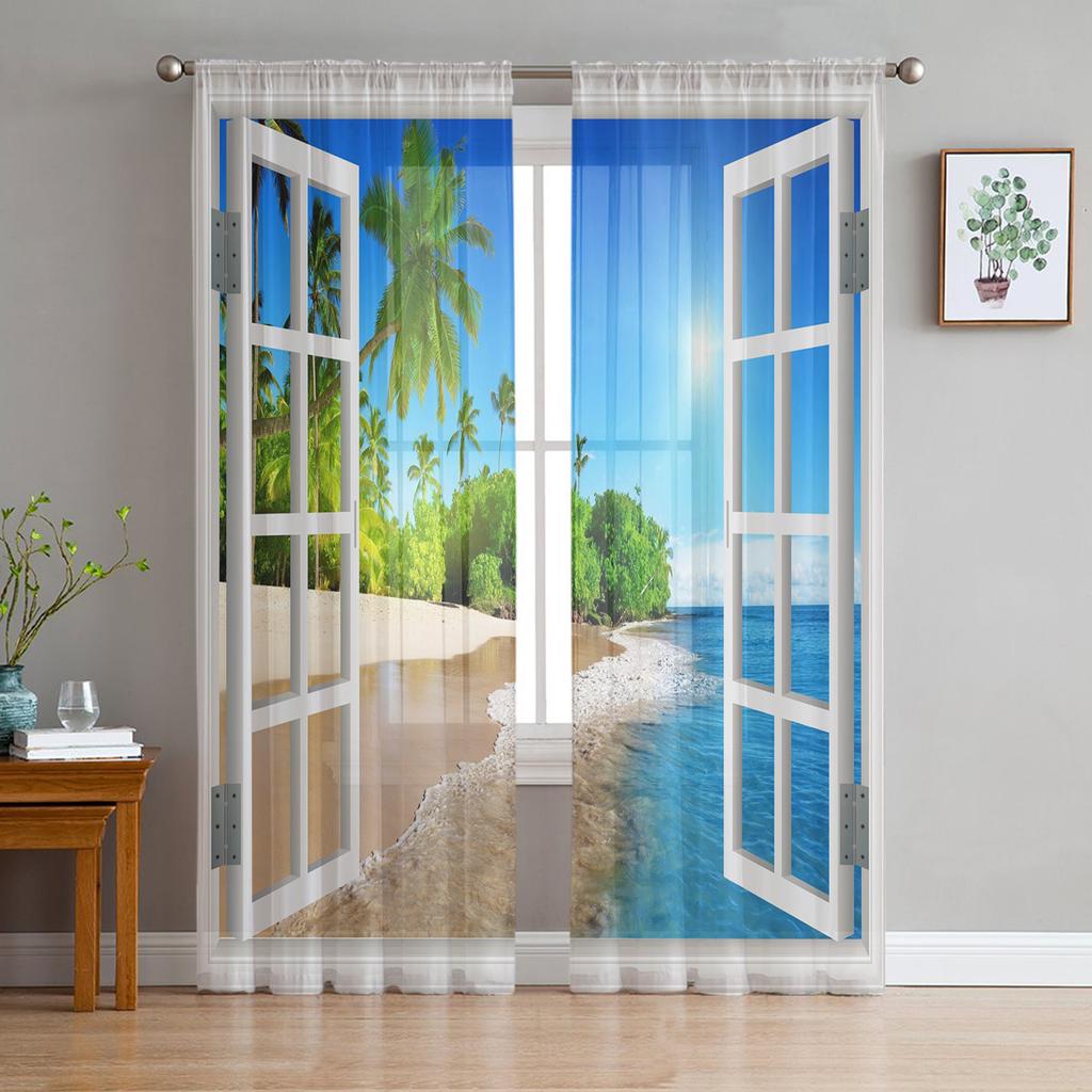 For Living Room Bedroom Space Decoration Chiffon Translucent Voile Kitchen Area Window Opening Drape Drapes - Sunrise Snow Footprints Tulle Curtains