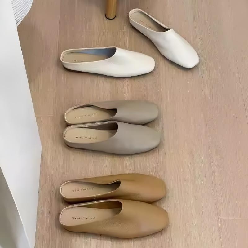Fashion Genuine Leather Women's Slippers 2025 Summer Outside Wear Flat Bootomed New Casual Soft Muller Bag Head Half Slippers