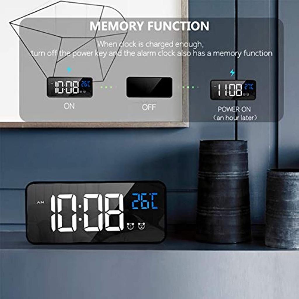 Digital Alarm Clock, Alarms With Size LED Display, Portable Mirror Alarm Clock With Double Alarm, Smart Alarm Clock, Snooze 4 Levels Of Bright
