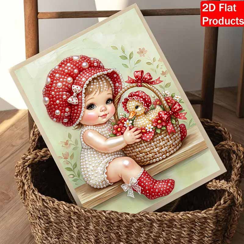DIY Pearl Painting Canvas Cute Baby Girl with Duckling Design Shiny 3D Bead Art Kit Creative Leisure Craft for Living Room Wall Decor