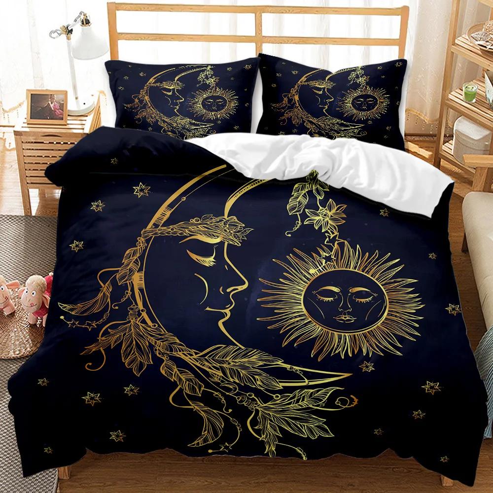 Bohemian Set povlaku na přikrývku 3D Zlaté Slunce a Měsíc Ložní Set pro Děti Dospívající Dospělé Dvojlůžko Queen King Size Polyesterový Povlak na Prošívanou Přikrývku