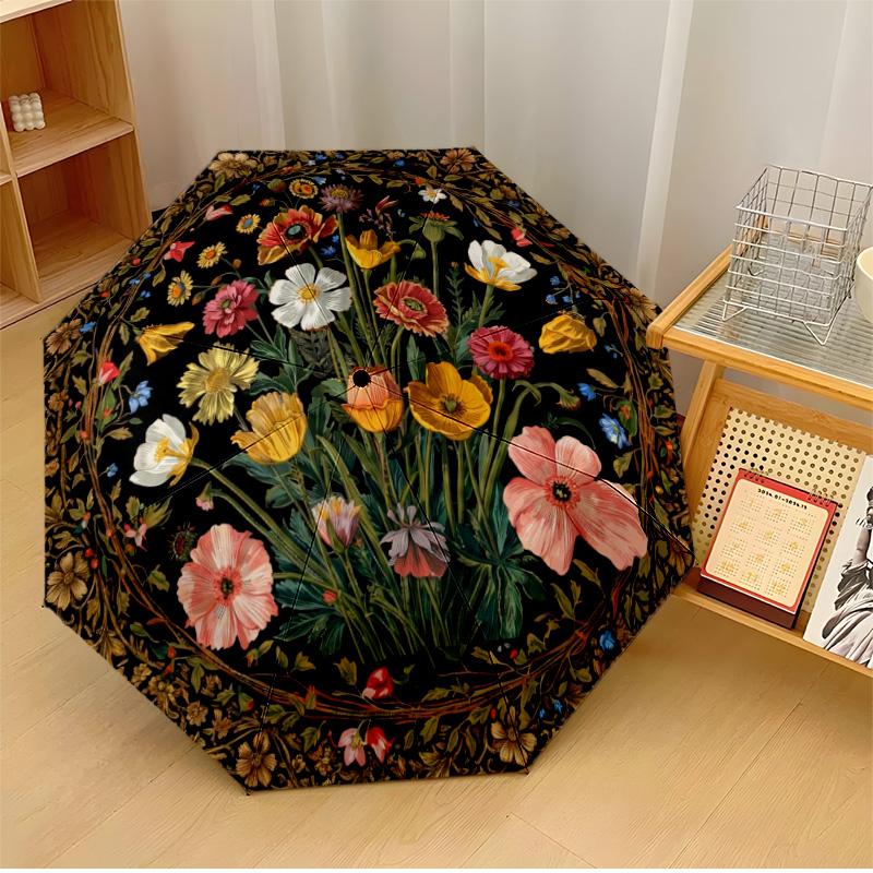 

Circular Rose Mosaic Theme Automatic Umbrella Compact 8-Rib Design Sturdy Construction Durable Everyday Carry Umbrella Stylish Accessory