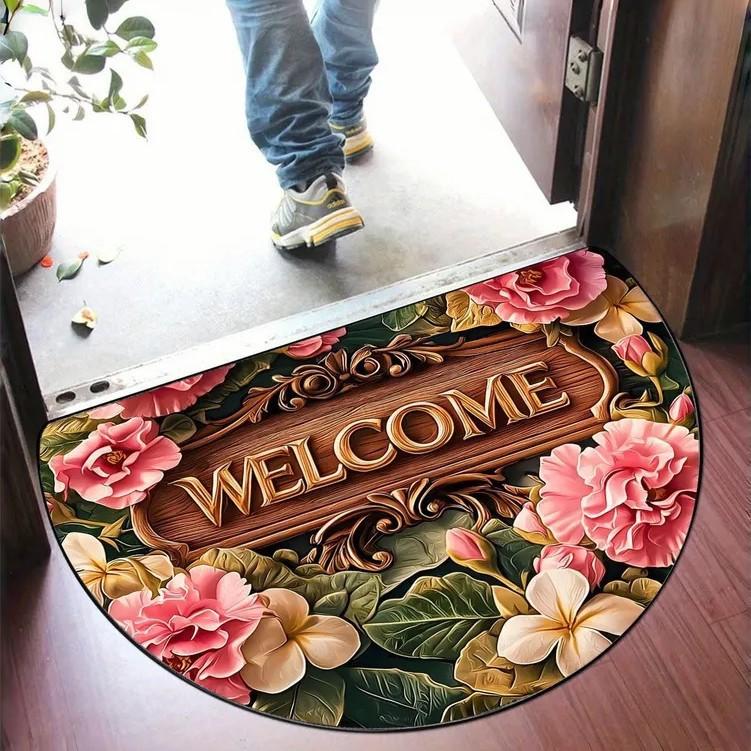 Floral Mosaic Doormat - Vintage Semi-Circular Rubber Backing, Indoor/Outdoor Rug, Durable Comfortable Floor Mat for Home Decor