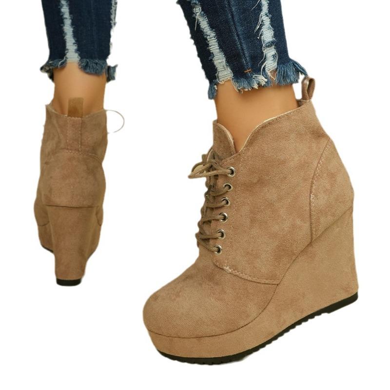 Large Size Suede Lace-up Wedge-heeled and Nude Short Boots Women's Winter Plus Velvet Warm Wedge-heeled Short Boots