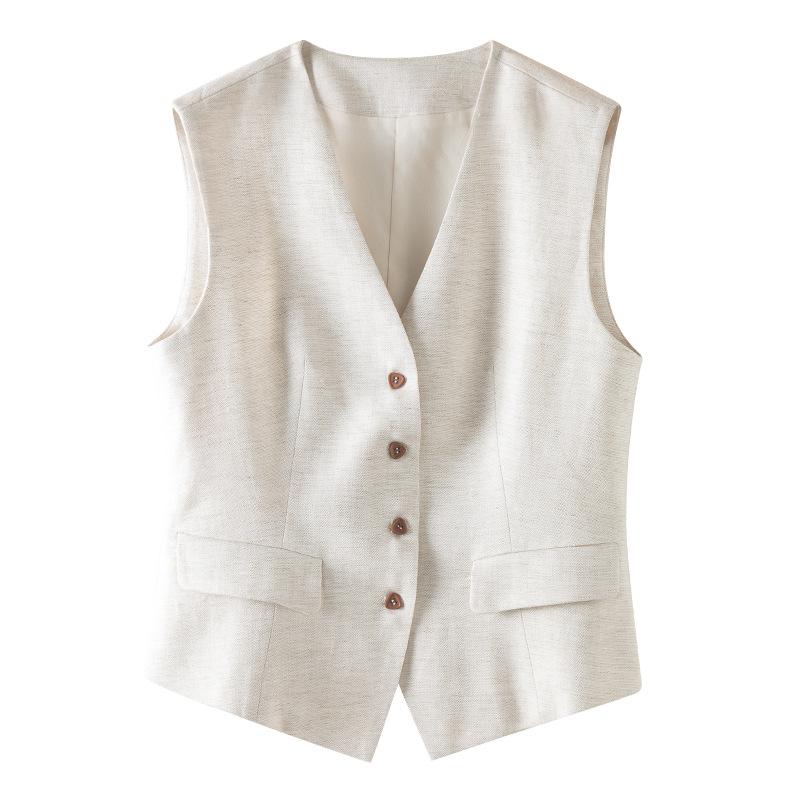 Women s V Neck Sleeveless Vest Slim Fit Minimalist Tencel Linen Waistcoat S