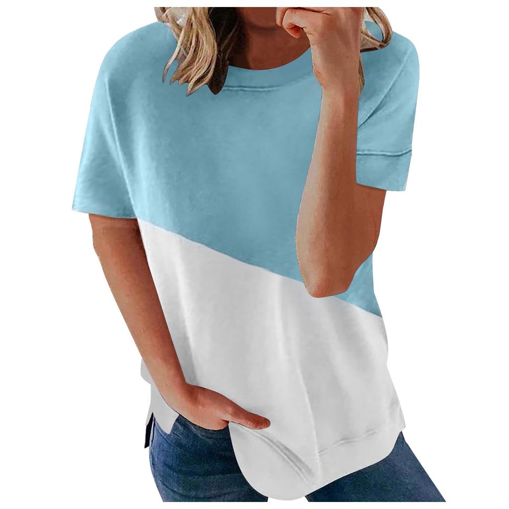 Women's Casual Fashion Short-Sleeved Stitching Round Neck Pullover Thin T-shirt