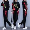 Women's Autumn Winter Sporty Plush Hooded Sweatshirt Pants Two Piece Sets Lady Casual Cool Black Letter Tops Trousers Suits