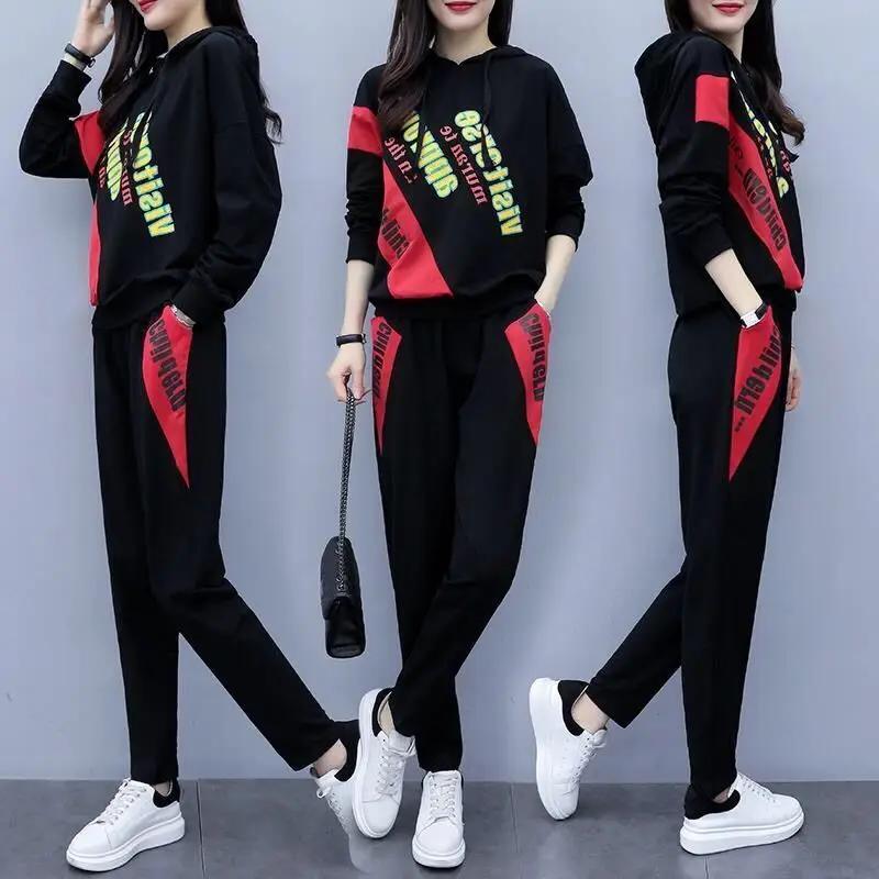 Women's Autumn Winter Sporty Plush Hooded Sweatshirt Pants Two Piece Sets Lady Casual Cool Black Letter Tops Trousers Suits