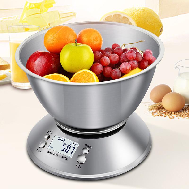 Stainless Steel Kitchen Scale with Bowl, 5kg/1g, 0.1g Precision Baking & Food Table Scale.