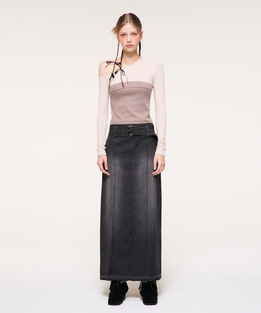 Etmont Wide Belt Long Denim Skirt, Black