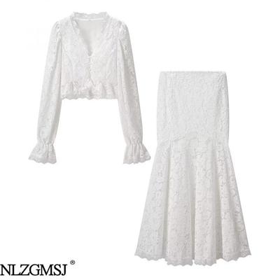 2026 Spring European & American Style Slim-Fit Lace Patchwork Top and Skirt Set