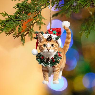 Christmas Cat Pendant 2D Acrylic Hanging Ornament Santa Hat Cat Car Rearview Mirror Charm Tree Decoration Gift for Cat Lovers
