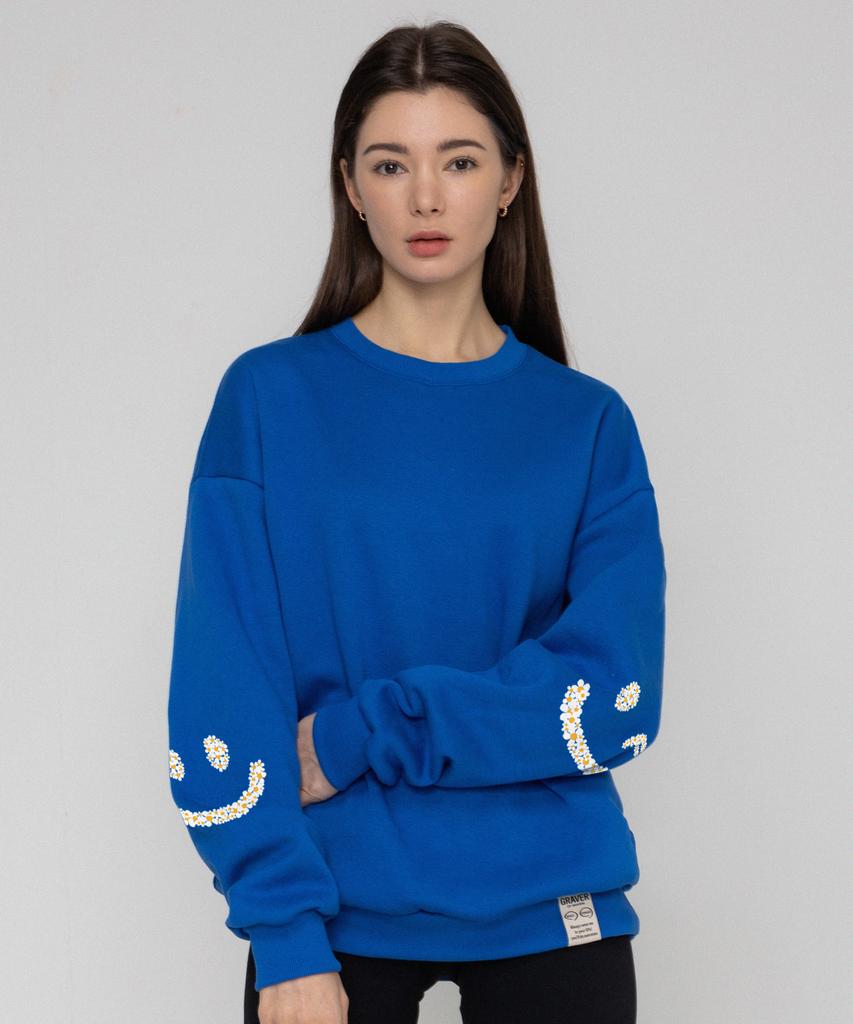GRAVER [Unisex] Elbow Multiflower Drawing Smile Sweatshirt_Cobalt Blue