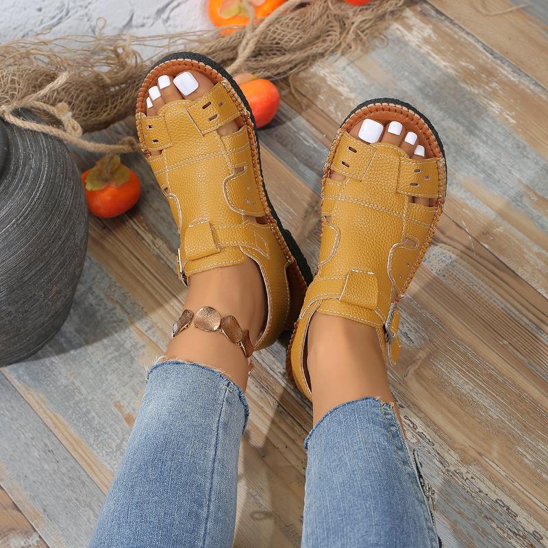 Large Size New Belt Buckle Flat Bottom Hollow Sandals Women Retro Wind Wear Solid Color Beach Cool Slippers Wish
