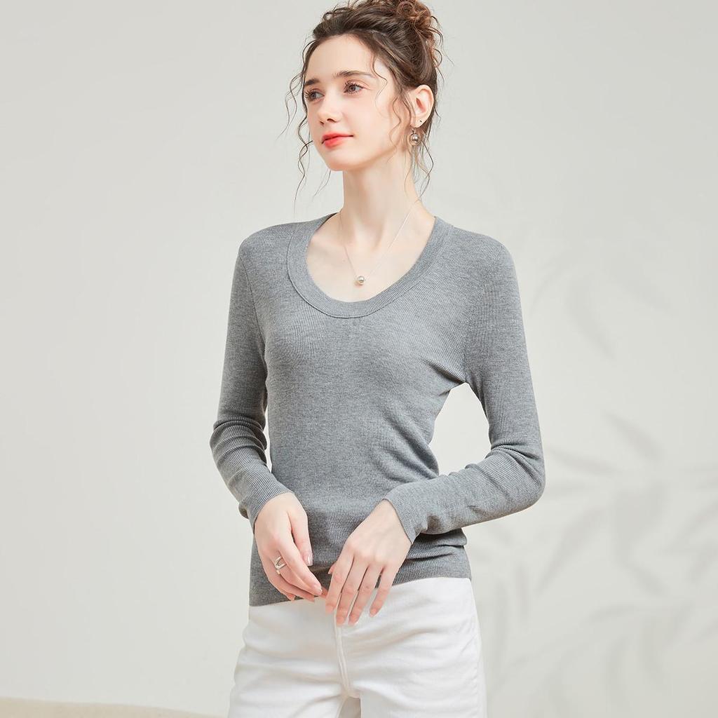 Mulberry Silk & Wool Slim-fit Long-sleeve Knit Top - Women's Versatile Early Autumn Style