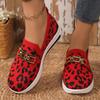 Women's Summer Leopard-Print Flat Chain-Trimmed Knit Breathable Wedge Casual Shoes, Available In Large Sizes.