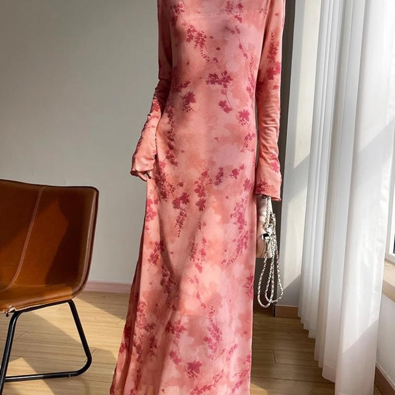 

Hong Kong style retro mesh printing long dress slim fit pure desire three-dimensional jacquard retro waist fishtail skirt S