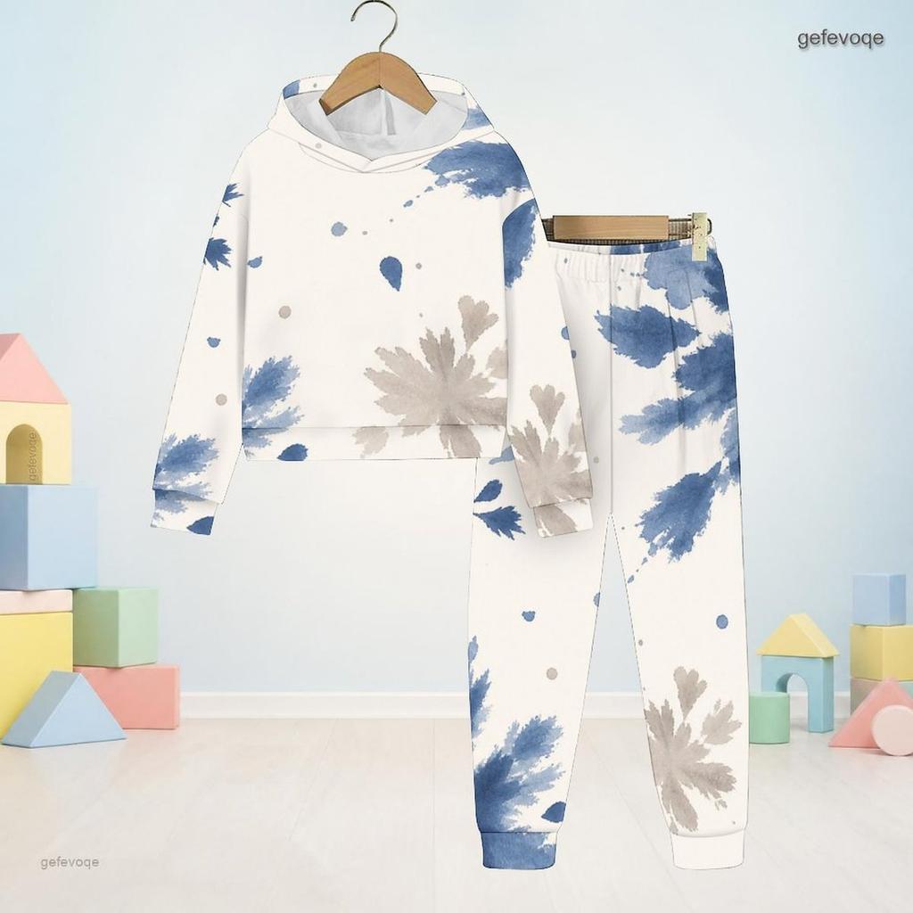 Kids Abstract Geometric Printed Hooded Long Sleeve Sweatshirt And Cuffed Pants Two Piece Set