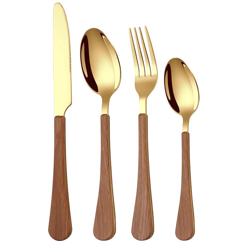 4-teiliges Geschirrset mit Messer und Gabel, Teelöffel, Edelstahl, Holzimitatgriff, westliches Geschirr, einfach und fortschrittlich