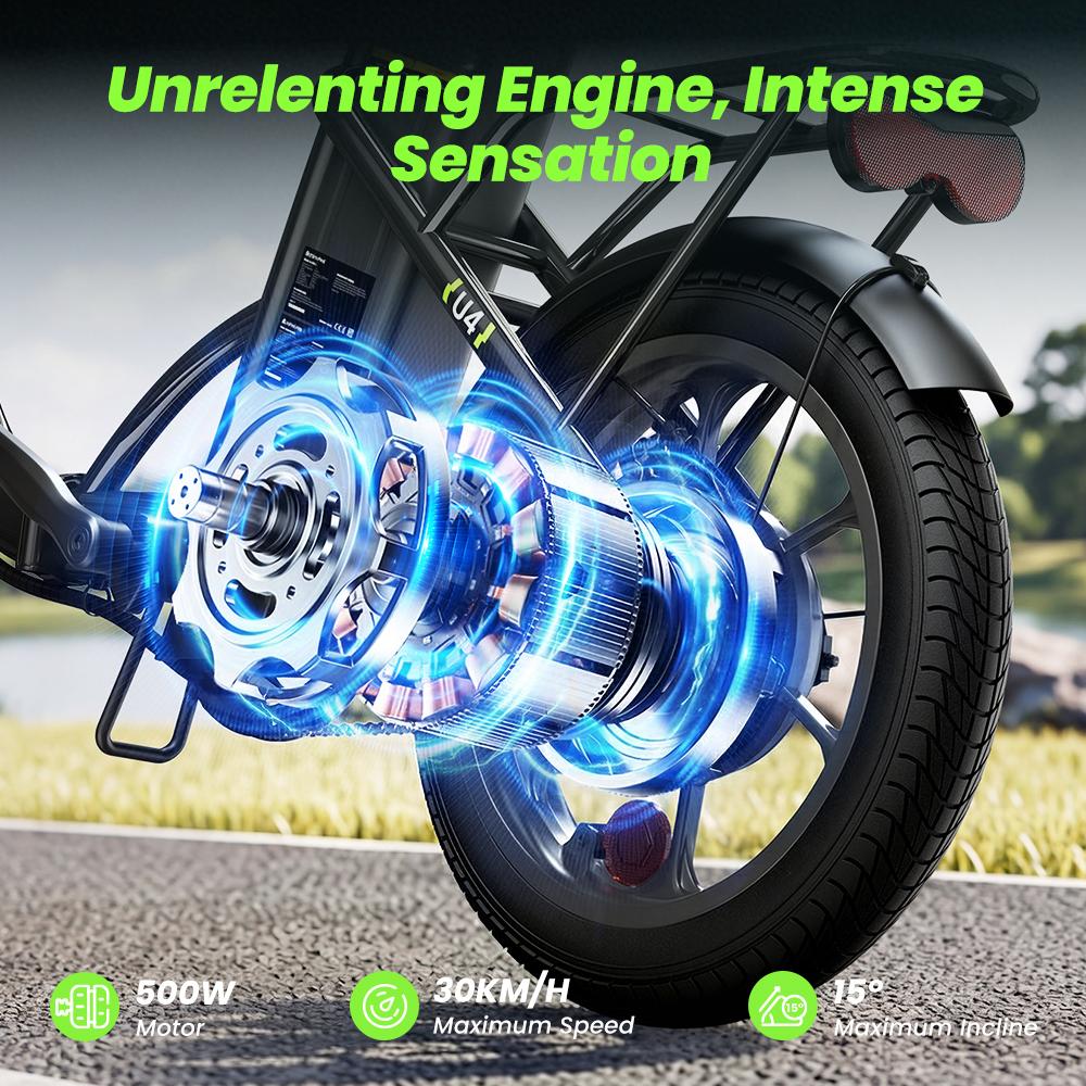 U4 Electric Bike 10.4Ah Battery 25KM/H Max Speed Front Suspension Disc Brake 3-Speed Modes 55+ Miles Range Compact Electric Bicycle with 16'' Tires