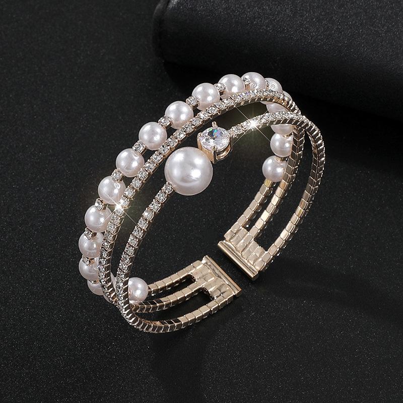 

Pearl zircon open bracelet bridal multi-layer full diamond bracelet banquet claw chain rhinestone bracelet золотий