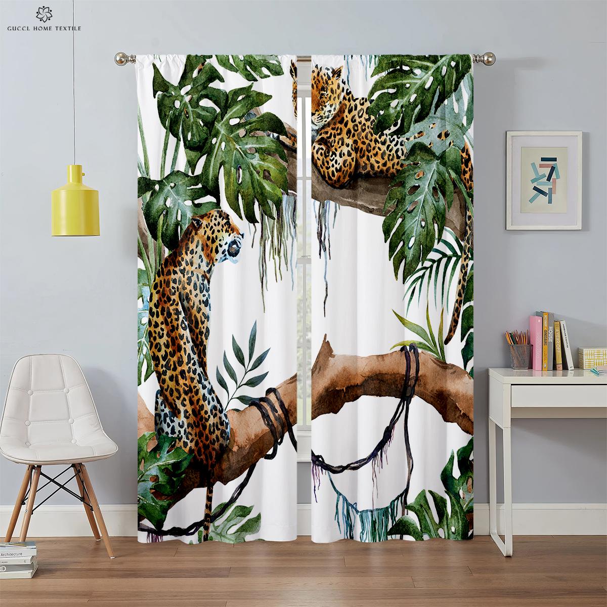Fenstervorhänge mit Cartoon-Druck, Tropische Vegetation, Tier-Cartoon, Schlafzimmer, Wohnzimmer, Kinderzimmer, Dekorative Vorhänge W50xH130(CM)x2PCS&Grommet Top