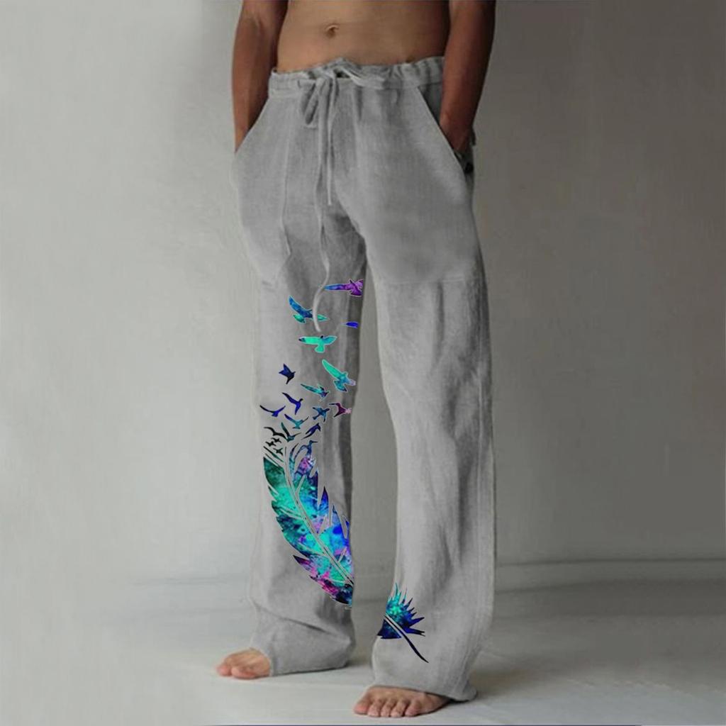 Men's Casual Loose And Comfortable Casual Pants Cotton Linen Printed Drawstring Trousers