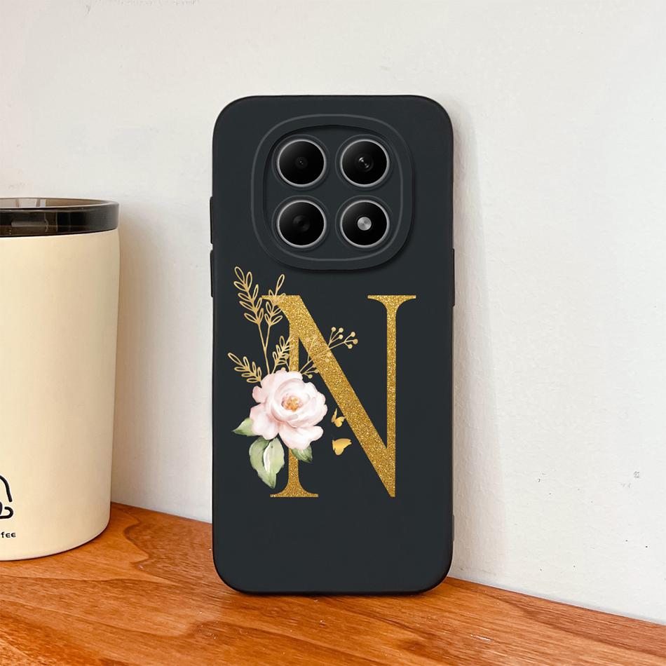 Floral Gold Letters Cover For Poco M8 Pro Phone Case Soft Smooth Liquid Silicone Anti Drop Protective High Quality Couple Bumper