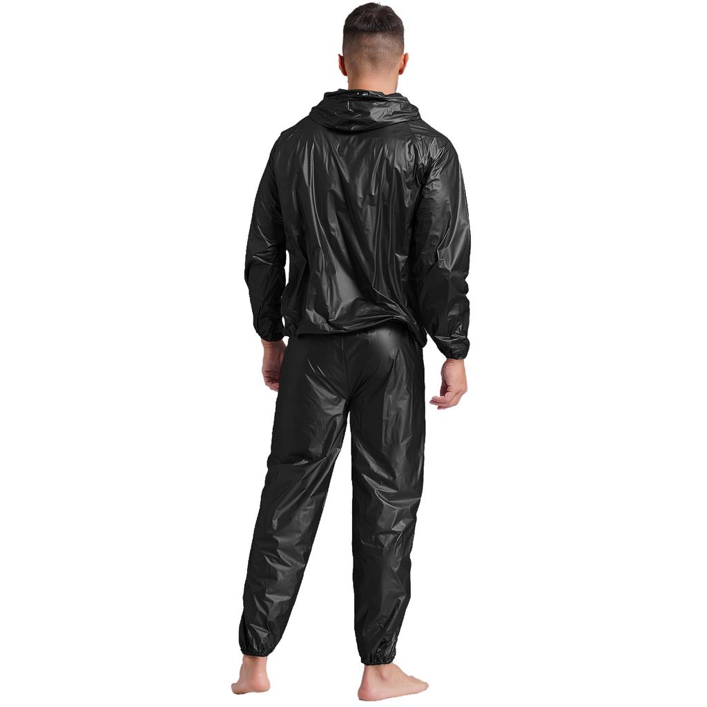 S-4XL Tuta da Sauna Sudorazione Uomo Manica Lunga Giacca con Cappuccio con Pantaloni a Vita Elastica PVC Allenamento Palestra Outfit