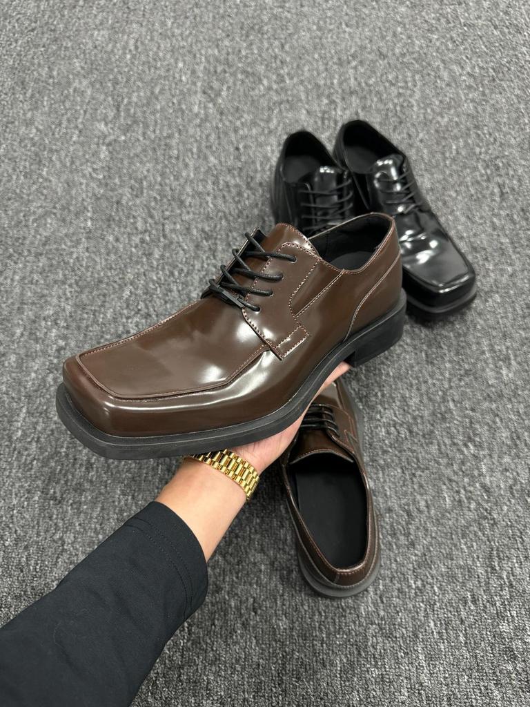 British Style Leather Niche Commuter Square Head Casual Trendy Men's Platform Business Inner Height Increase Groom Derby Shoes