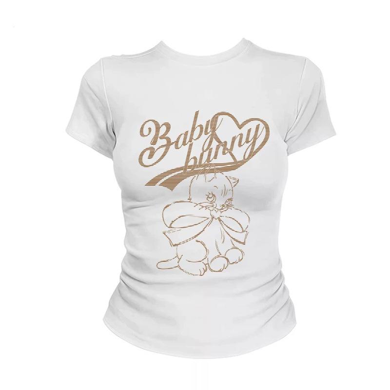Pink Crew Neck Front Shoulder Short Sleeve T-Shirt Women s Summer New Cartoon Cat Print Sweet Wind Slim Top Women S