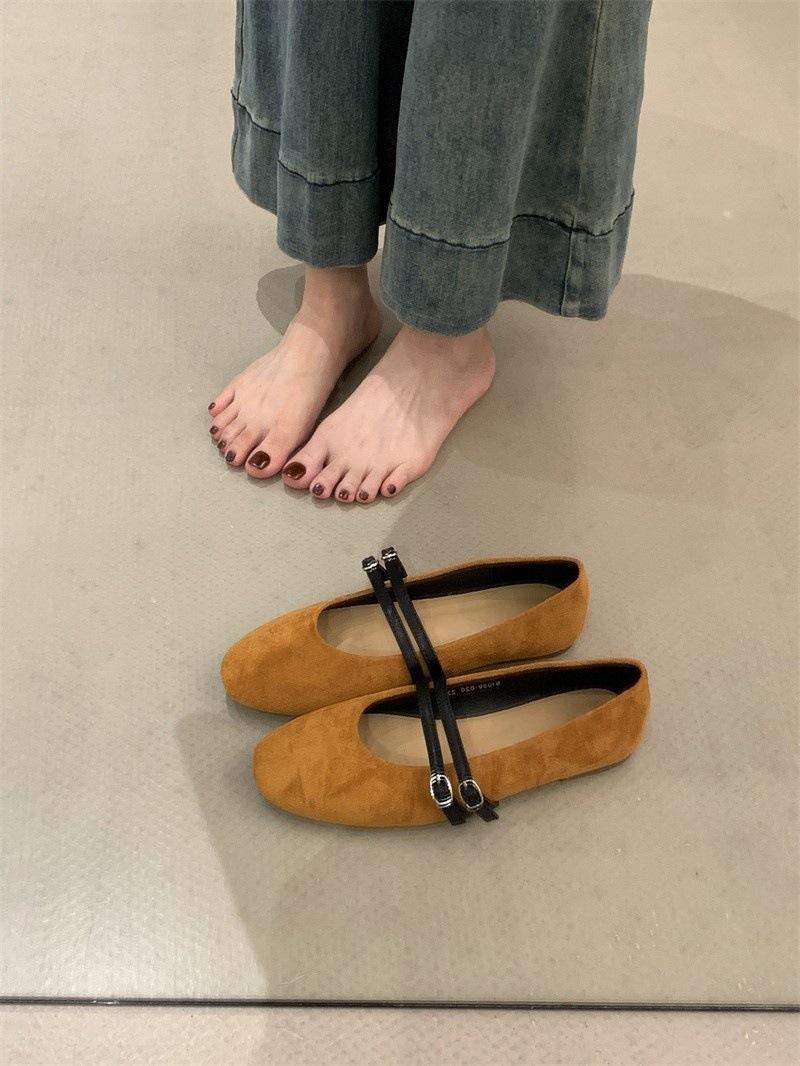 

French ballet style one-word buckle single shoes women s shoes 2025 spring and autumn round head Mary Jane shoes suede versatile flats 35
