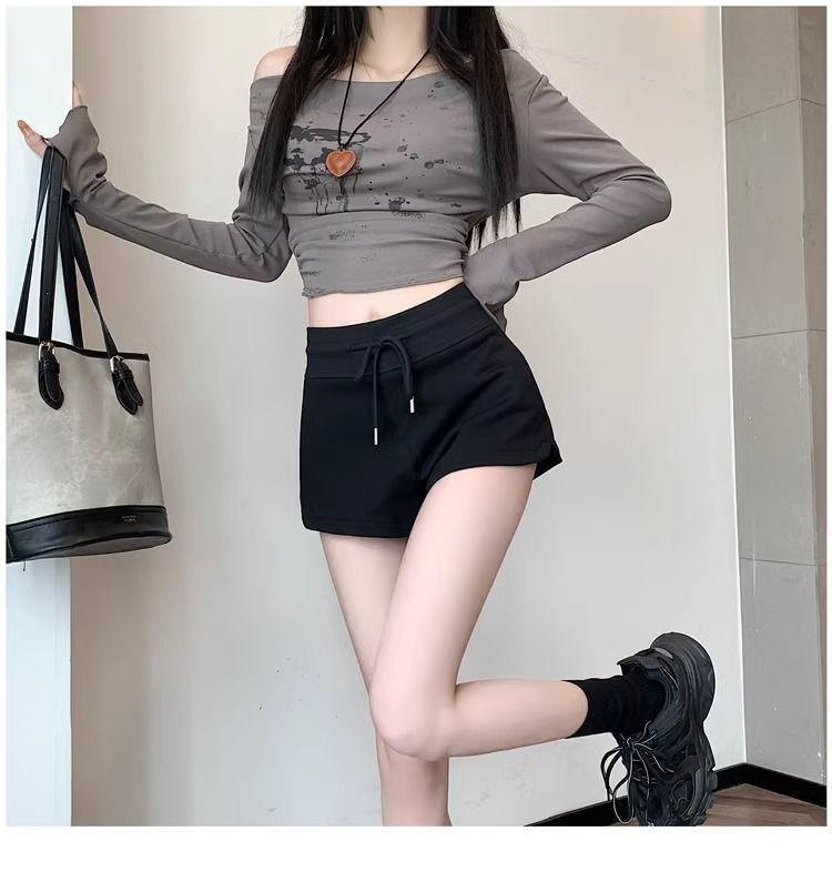 Women's Gray High-Waist A-Line Sports Shorts - 2025 Summer Petite Slit Casual Hot Pants