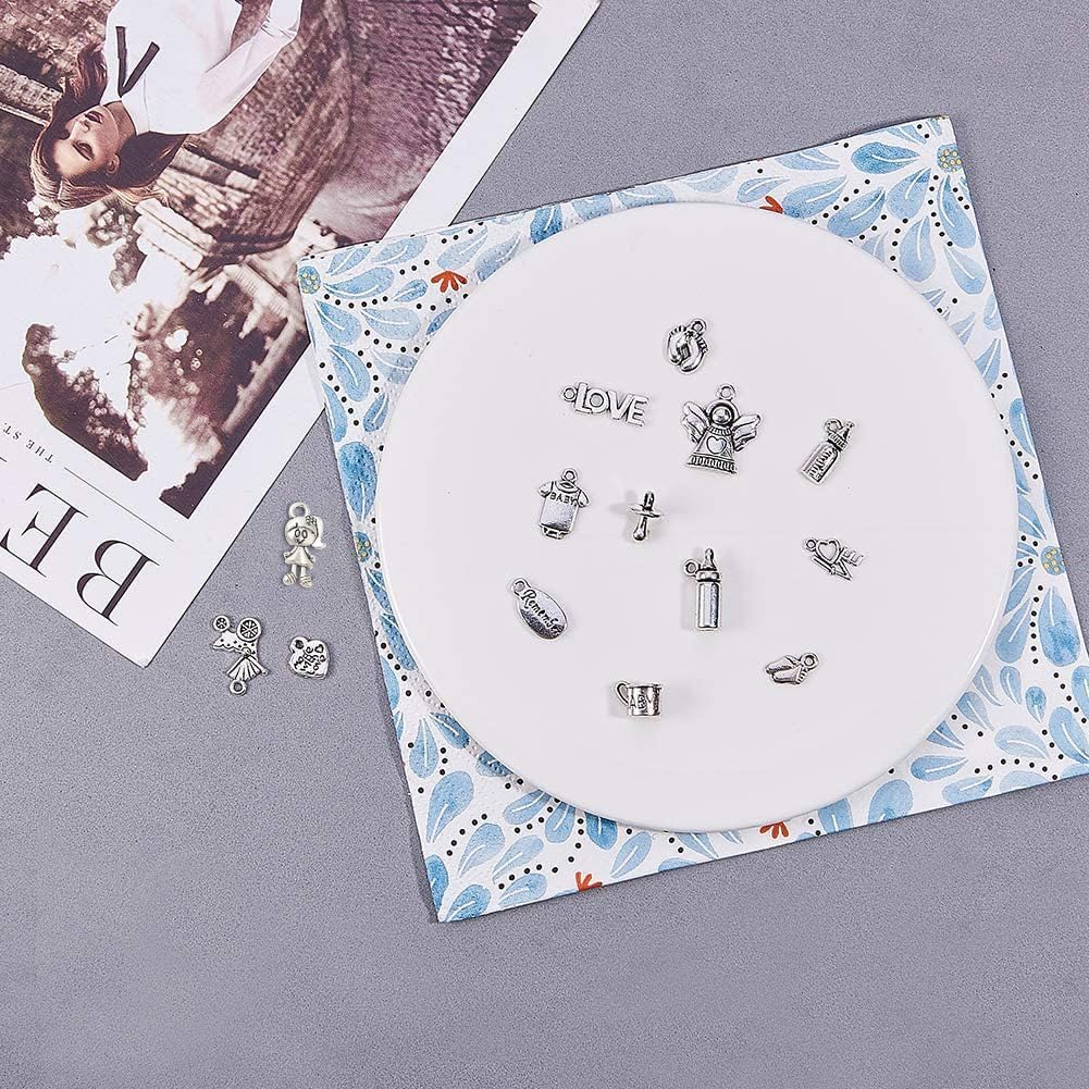 NBEADS 90Pcs Tibetan Style Alloy Pendants, 15 Styles Antique Silver Charms for Birth Christening Shower Gifts Making, Mixed Shapes, Antique Silver