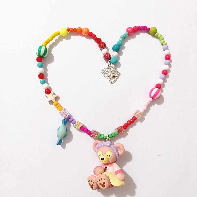 Colorful Cartoon Beaded Choker Necklace for Children Featuring Duffy Bear, ShellieMay, and StellaLou with Painter Hat.