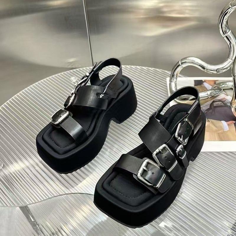 

Fashion Women s Fashion Chunky Sandals Summer New Square Head Open Toe Metal Buckle Waterproof Platform Non-slip High Heels 35 чёрный
