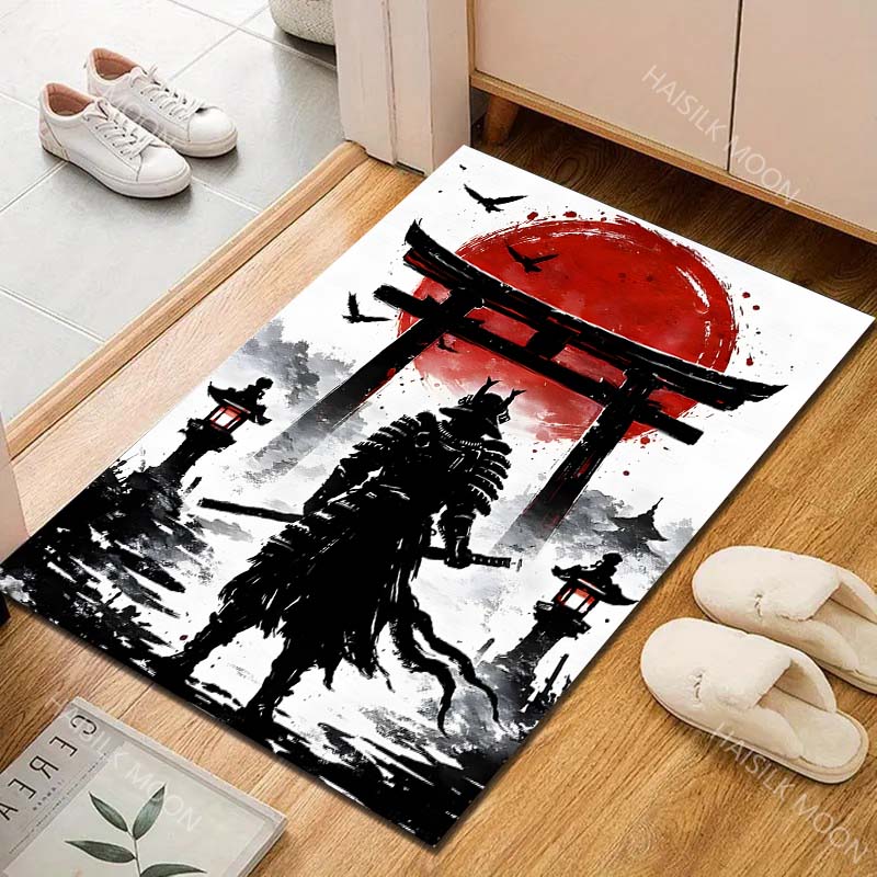 Samurai Silhouette with Red Sun Print Carpet Rug for Living Room Bedroom Sofa Doormat Home Decor Non-slip Floor Mat