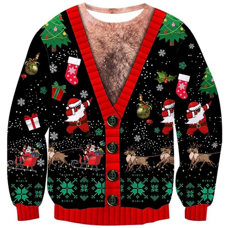 Pullover Funny Christmas Sweatshirt For Men Women 3D Print Ugly Chest Hair Christmas Party Hoodie Men's Xmas Sweater Clothes